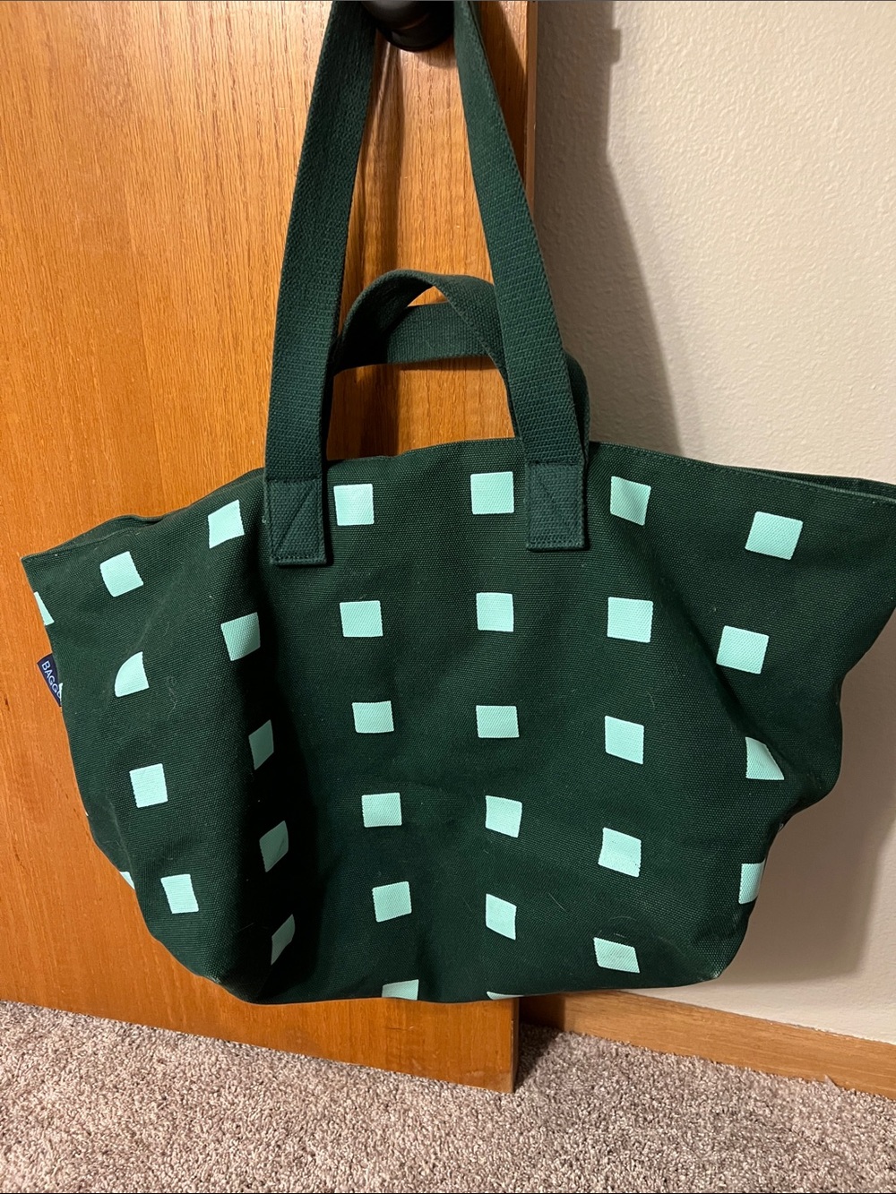 BAGGU Dark Green Canvas Tote Bag with Mint Square Print - Picture 3 of 4